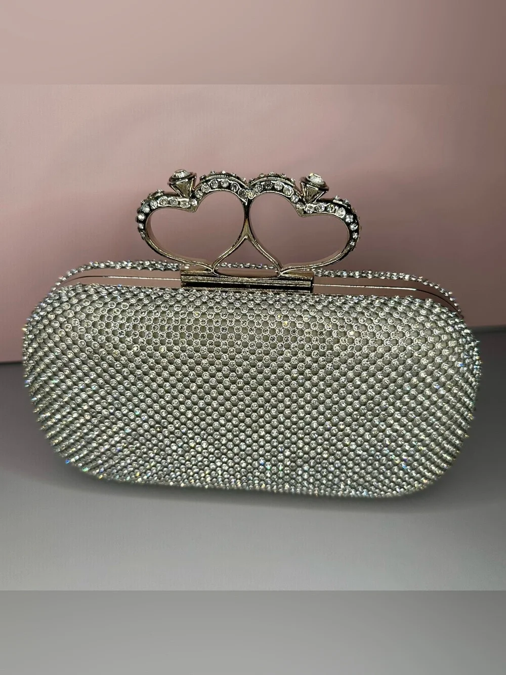 Silver Rhinestone Clutch Heart Clasp Crystal Evening Bag Wedding Prom Formal